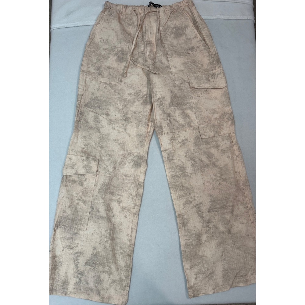 Zara Women Beige Grey Abstract Print Cargo Pants Wide Leg Cotton Size M